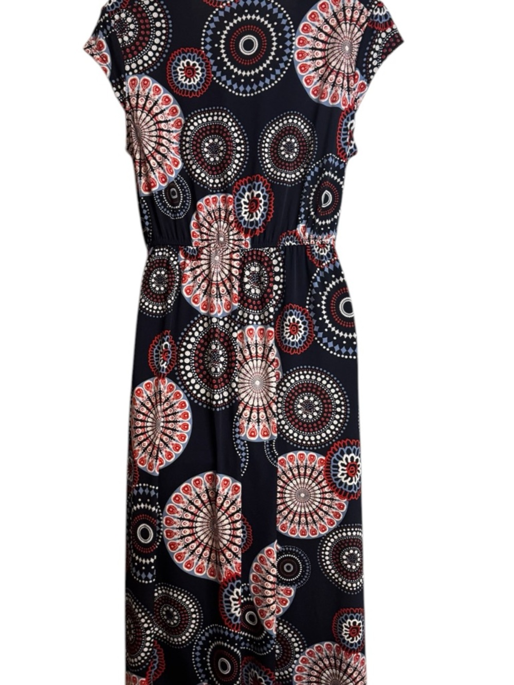 Navy Midi Mock Wrap Figure Flattering Dress Red & White Print LARGE #CL - Picture 5 of 9